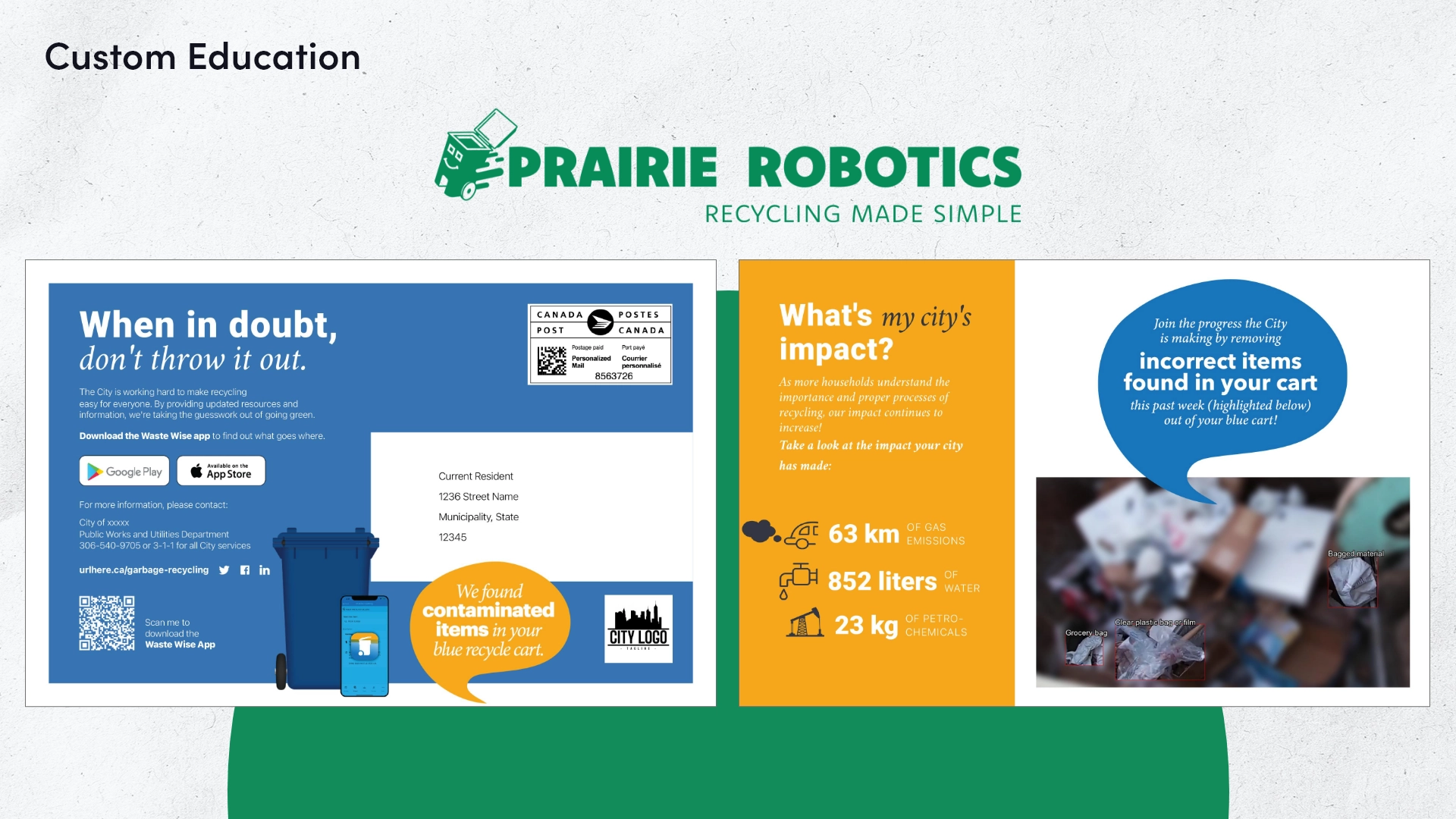 Prairie Robotics custom education mailers with a contamination notice and a city impact summary