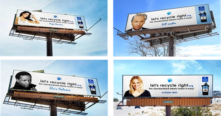 Four 'Let's Recycle Right' billboards featuring celebrities promoting standardized recycling labels