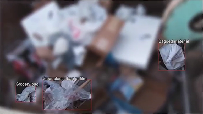 Blurred hopper image with contaminants highlighted and labelled: grocery bag, clear plastic bag or film, and bagged material