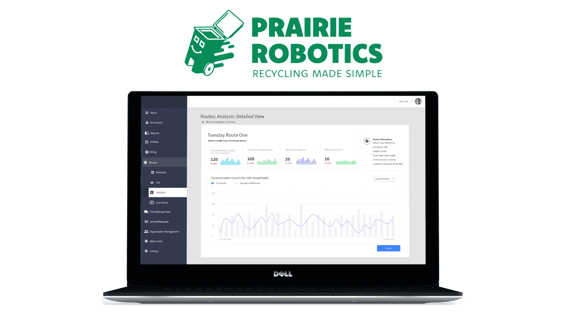 A laptop showing the Prairie Robotics route analysis dashboard under the Prairie Robotics logo