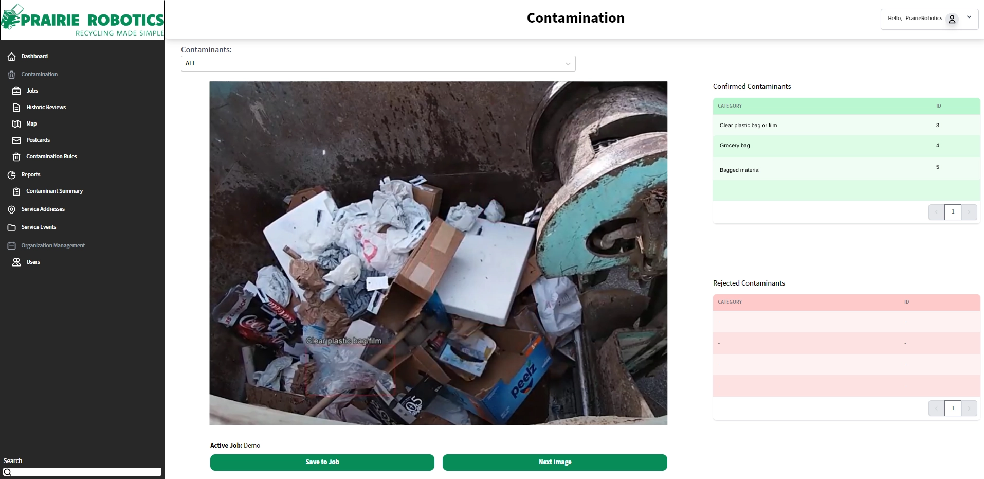 Prairie Robotics dashboard Contamination screen showing a hopper image beside lists of confirmed and rejected contaminants