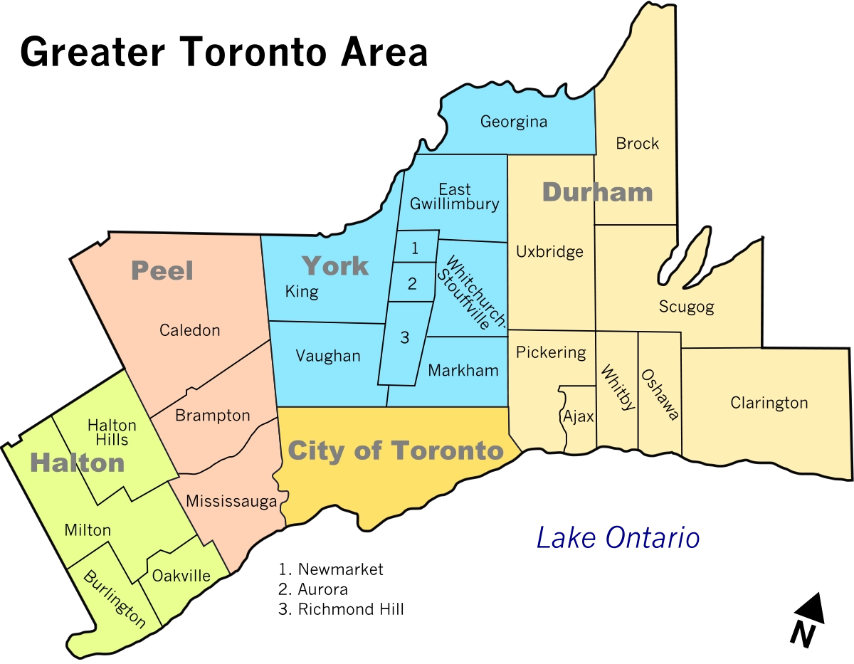 Map of the Greater Toronto Area showing Halton, Peel, York, Durham and the City of Toronto