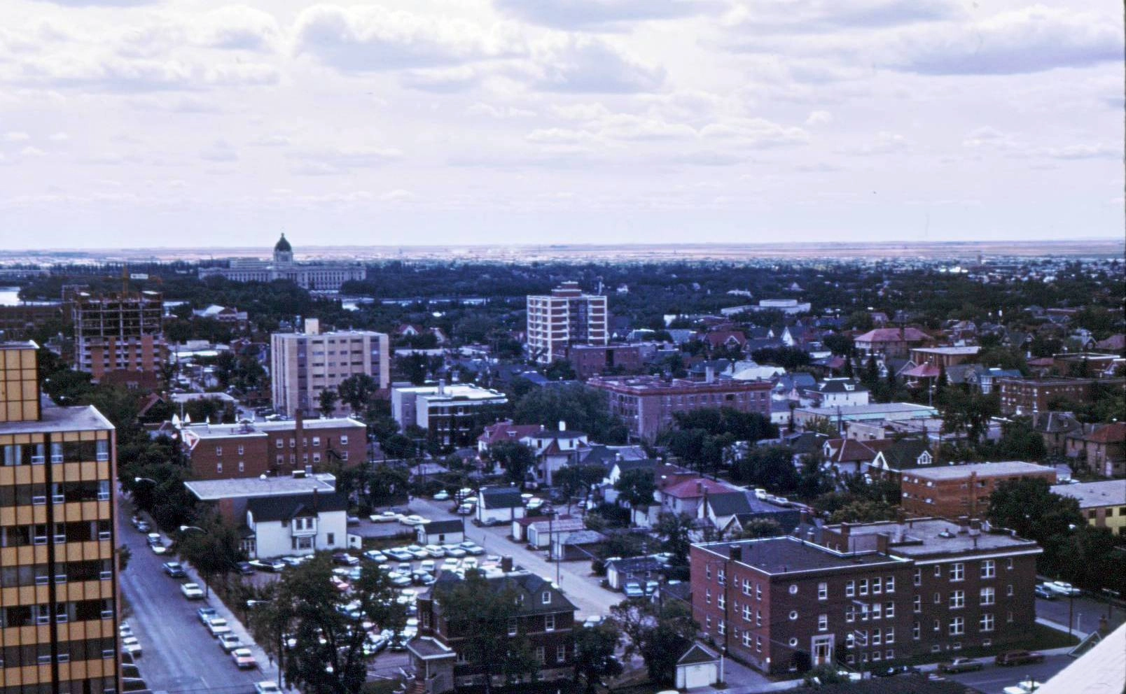 Aerial view of Regina, Saskatchewan, with the Legislative Building dome on the horizon
