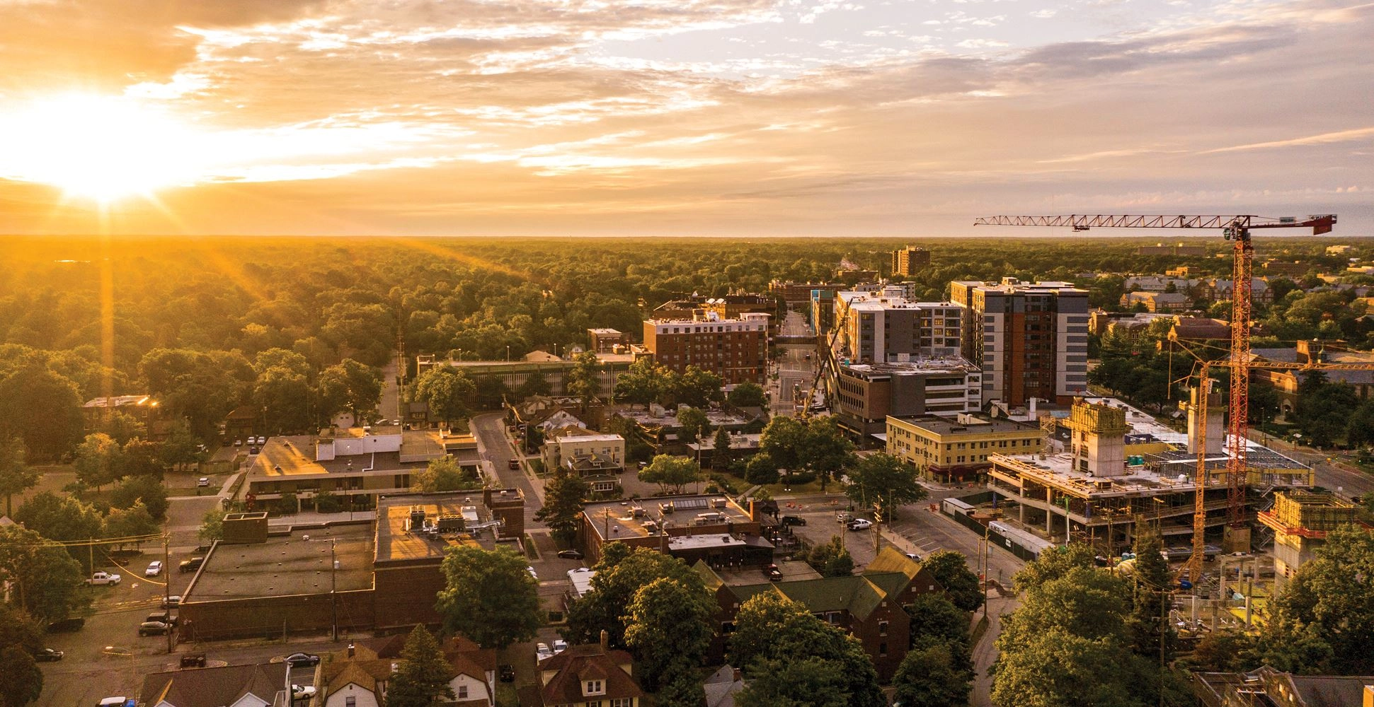 Aerial view of East Lansing, Michigan, at sunset
