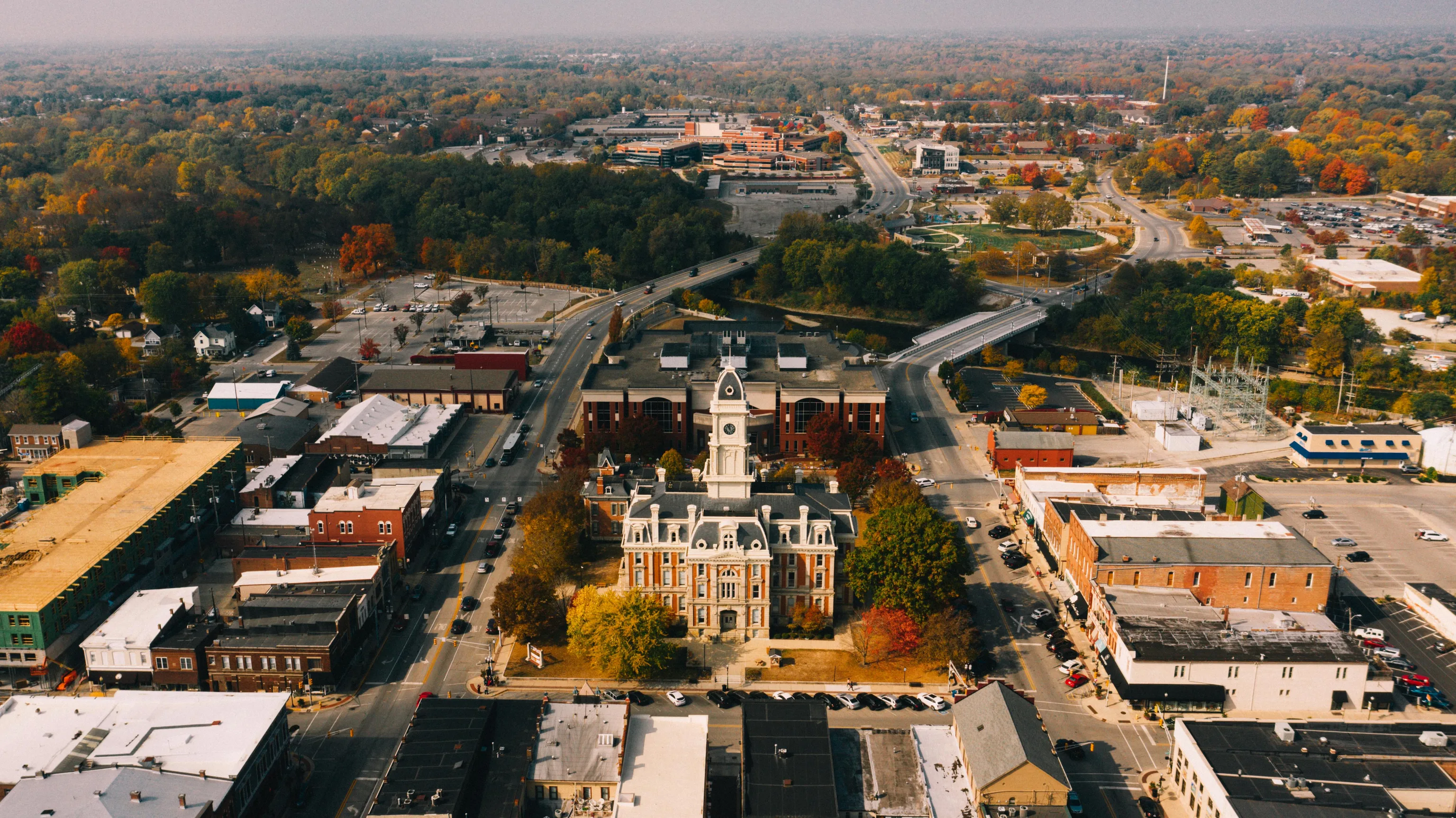 Aerial view of downtown Greensboro, North Carolina, in autumn