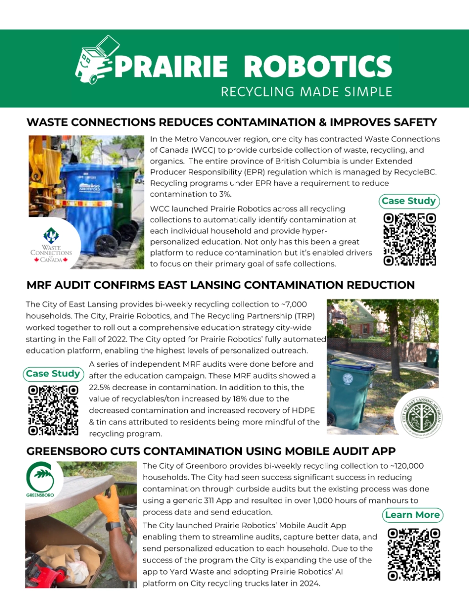 Prairie Robotics case study showcase sheet summarizing results for Waste Connections, East Lansing and Greensboro
