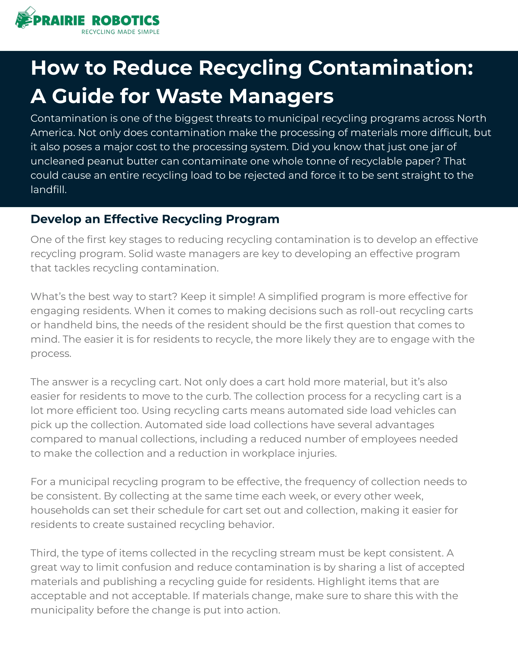 Cover page of the How to Reduce Recycling Contamination: A Guide for Waste Managers white paper